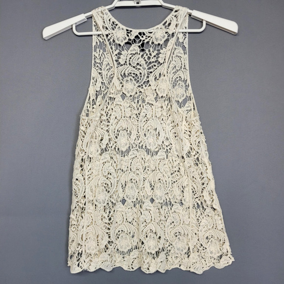 Boho Crochet Lace Tank Top Womens Small Ivory Sheer Festival New Directions - Picture 9 of 11